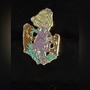 Vintage Precious Moments Enamel Lapel Pin Girl With Fence Flowers